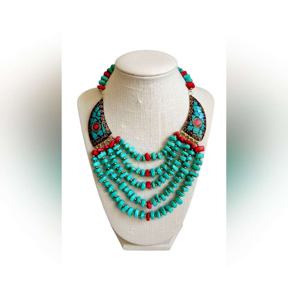 ***SOLD*** Turquoise and Red Beaded Bib Necklace
